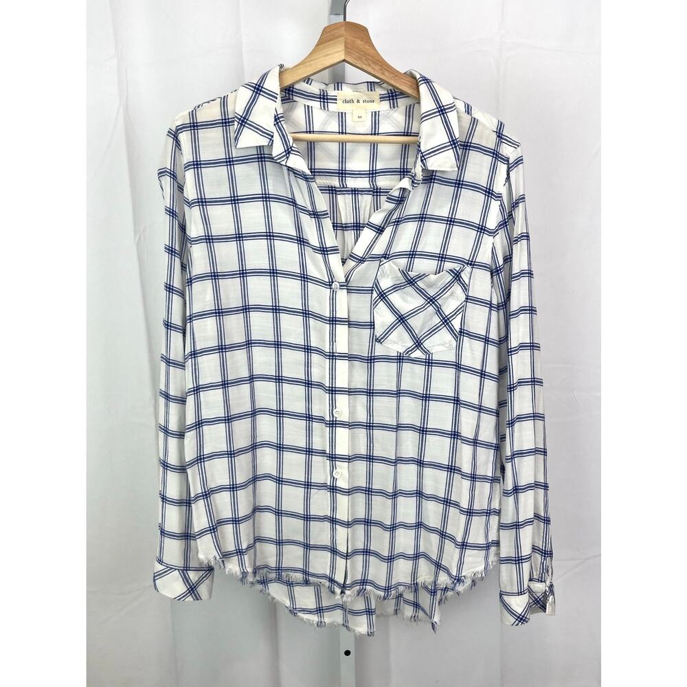 CLOTH & STONE Anthropologie Size M Windowpane Button Front Fray Hem Blue White